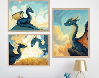 Dragon Artwork for Kids Room - Set of 3, Blue Dragon Nursery Decor, Mythical Creature Print, Fantasy Wall Art, Boys Room Wall Decor