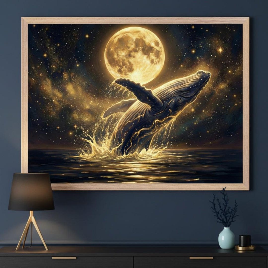 Whale Framed Wall Art: Golden Tide Dream in Moonlight and Stars - Etsy