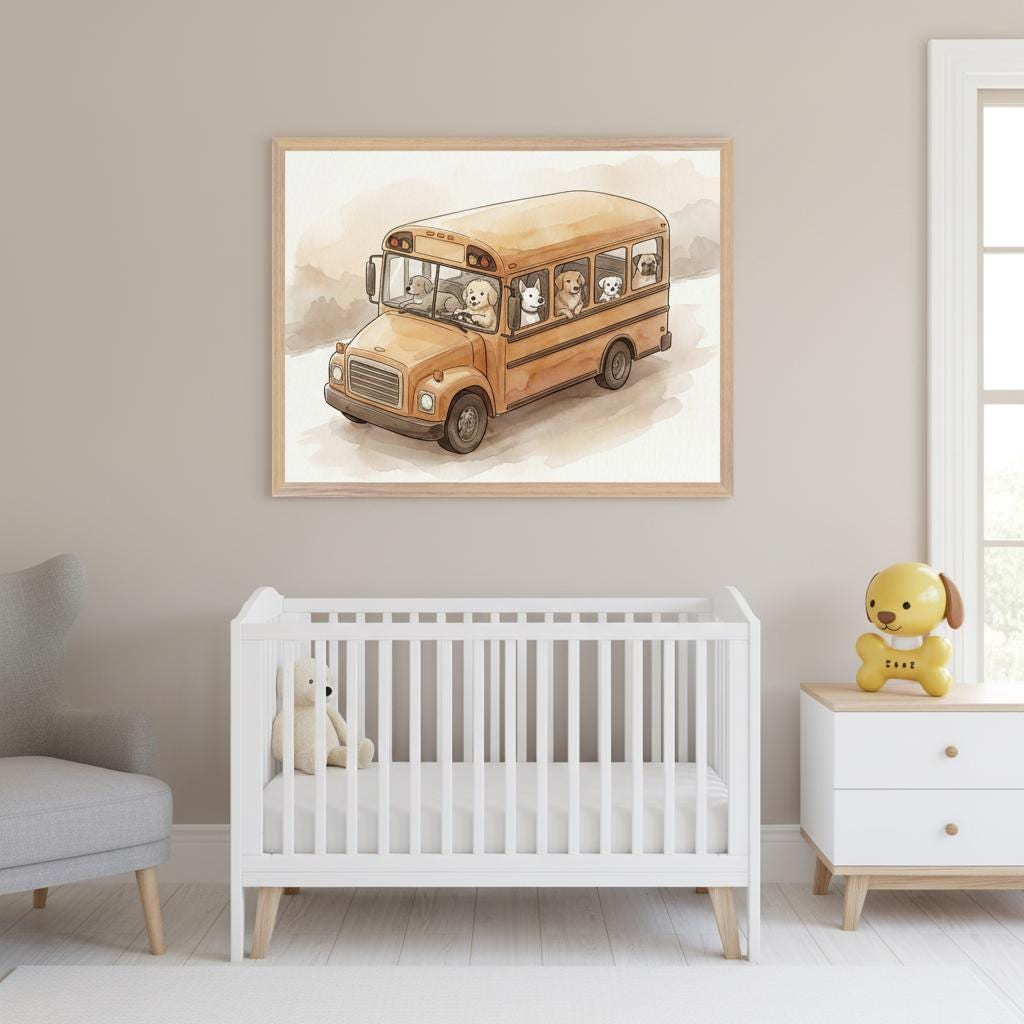 Dogs on School Bus Watercolor Art Style Print, Puppy Nursery Wall