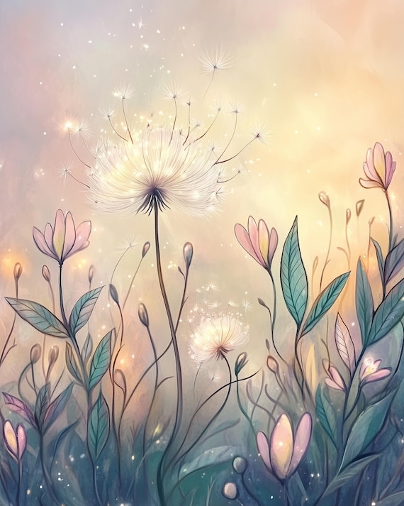 Dandelion Ethereal Glow Wall Art, Whimsical Floral Nursery Decor