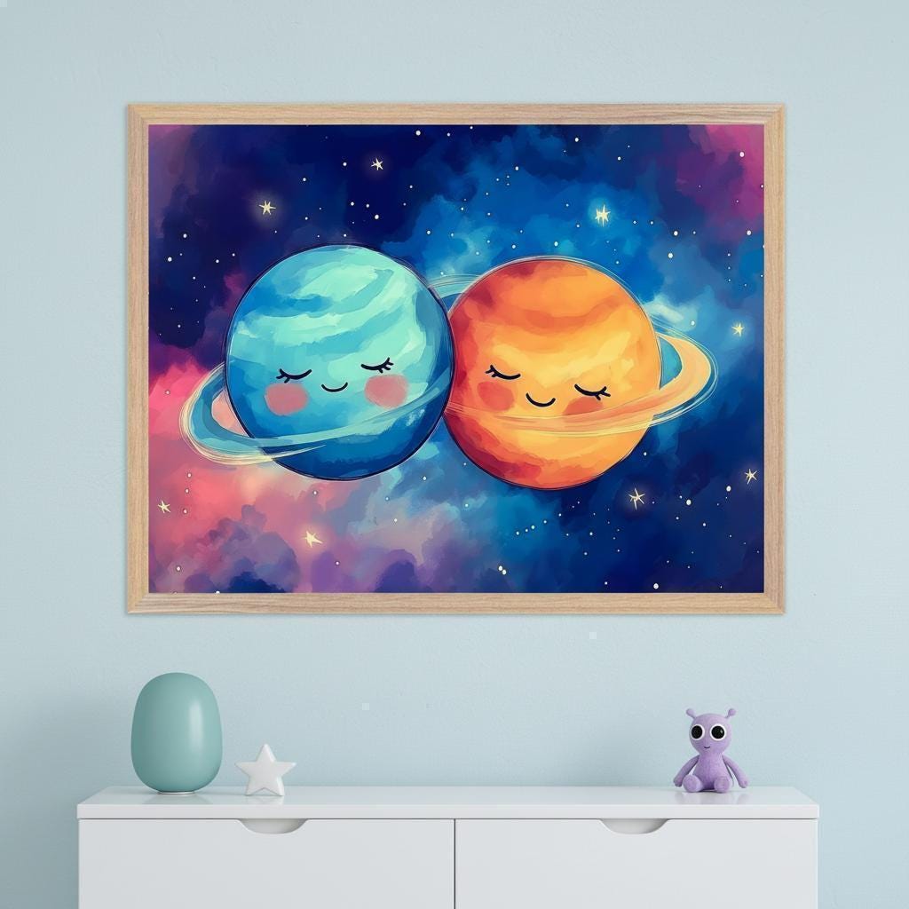 Celestial Planets Watercolor Style Wall Art, Outer Space Nursery
