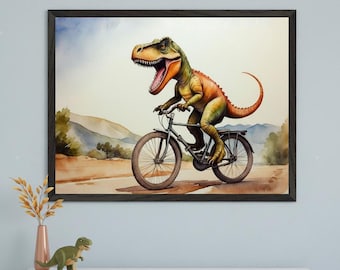 T-Rex Riding Bicycle Wall Art, Funny Dinosaur Watercolor Print, Whimsical Cycling Dino Decor, Boys Nursery Room Art, Prehistoric Dino Art