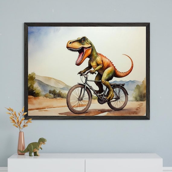 T-rex Riding Bicycle Wall Art, Funny Dinosaur Watercolor Print