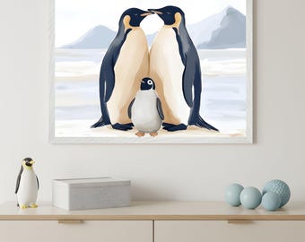 Penguin Family Watercolor Style Wall Art, Emperor Penguin Decor, Antarctic Wildlife Illustration, Nursery Bird Decor, Baby Shower Gift