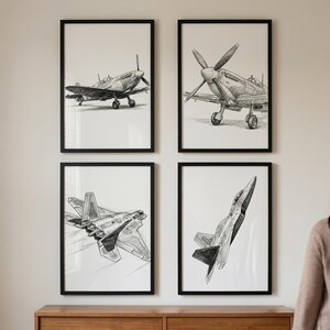Military Aircraft Wall Art Set of 4, Aviation Pencil Sketches, Fighter Jet Wall Decor, Vintage Warbird Drawing, Pilot Gift, 4 Piece Wall Art