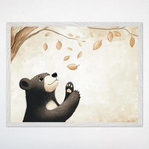 Woodland Bear Wall Art - Forest Animal Canvas Print, Neutral Nursery Decor, Rustic Fields Poster, Whimsical Bear Art for Kids Room Decor