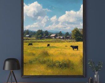 Cows Grazing Impressionistic Style Wall Art, Farm Landscape Digital Print, Rustic Farmhouse Decor, Pasture Scenery Poster, Cattle Field Art