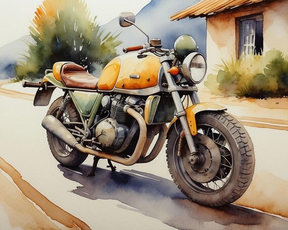 Vintage Motorcycle Vibrant Colors Wall Art, Retro Cafe Racer