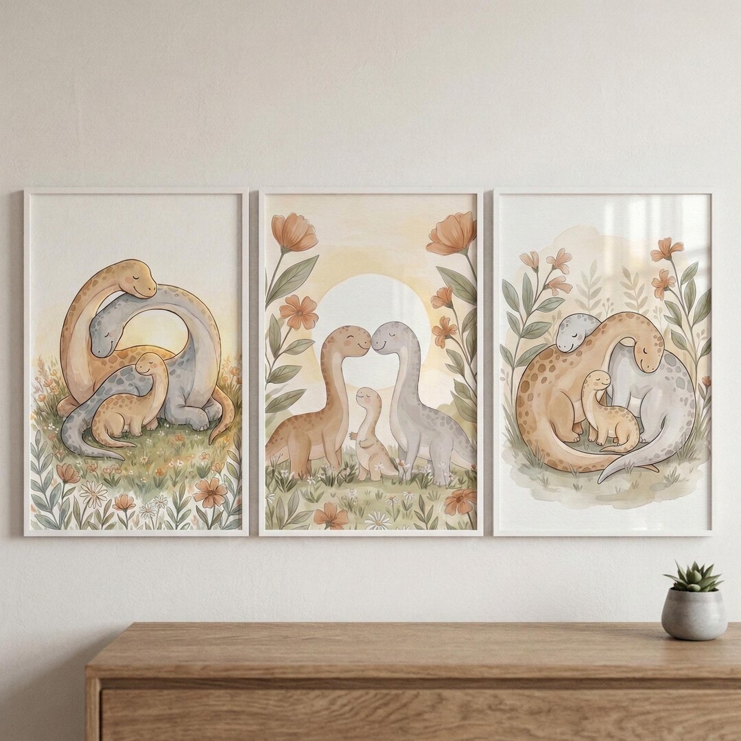 Boho Dinosaur Nursery Wall Art Set of 3, Neutral Dino Nursery Decor ...
