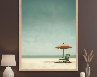 Beach Chair and Umbrella Minimalist Vintage Wall Art, Coastal Ocean Decor, Beach House Decor, Seaside Horizon Print, Pastel Beach Poster