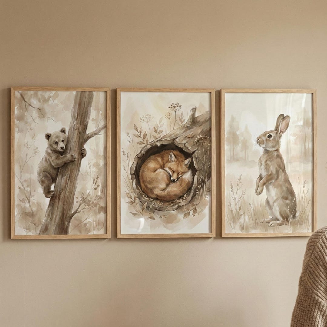 Woodland Kids Wall Art Set of 3, Forest Animal Nursery Decor, Neutral ...