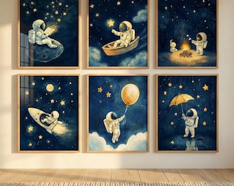 Nursery Wall Art, Space Set of 6 - Dreamy Astronaut Kids' Room Decor