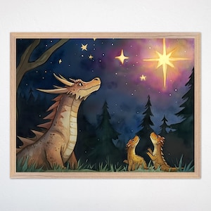 Drachen und Sterne Kinderzimmer Wandbild, Drachen gerahmte Kunst, Fantasy Leinwand für Kinderzimmer, Drachen Sternennacht Dekor, magische Drachen Kunst