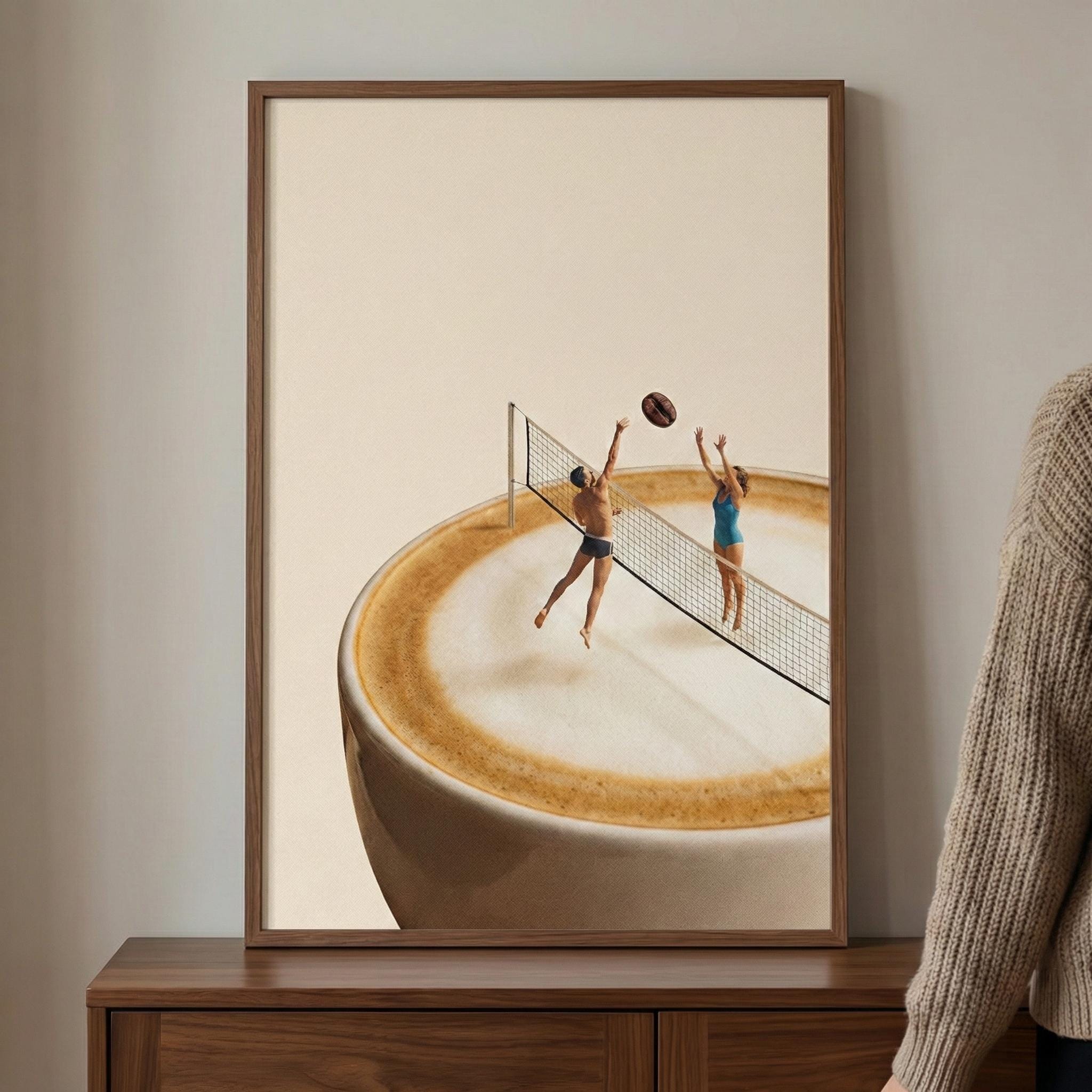 Surreal Coffee Print, Miniature People Volleyball Art, Coffee Bean
