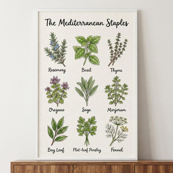 Mediterranean Herbs Vintage Botanical Illustration Wall Art, Kitchen Herb Print, Culinary Herb Poster, Farmhouse Garden Art, Basil Sage Art