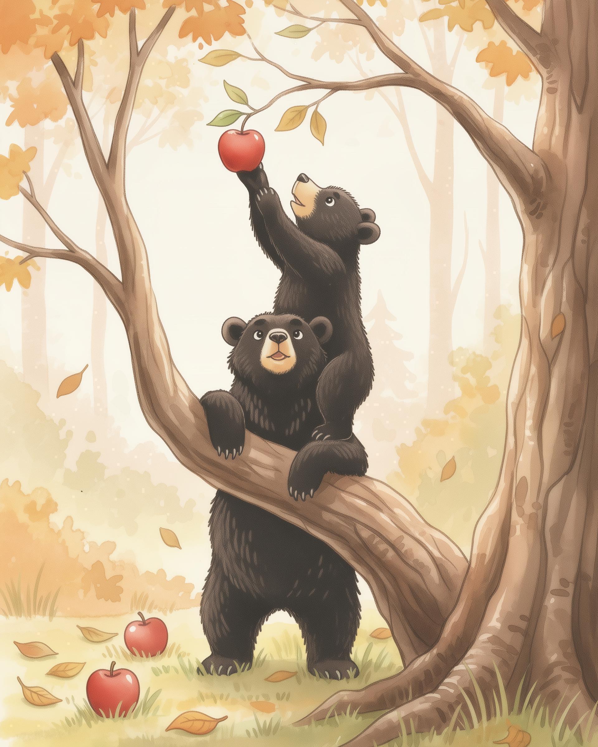 Two Black Bears Reaching for Apple, Woodland Nursery Wall Art