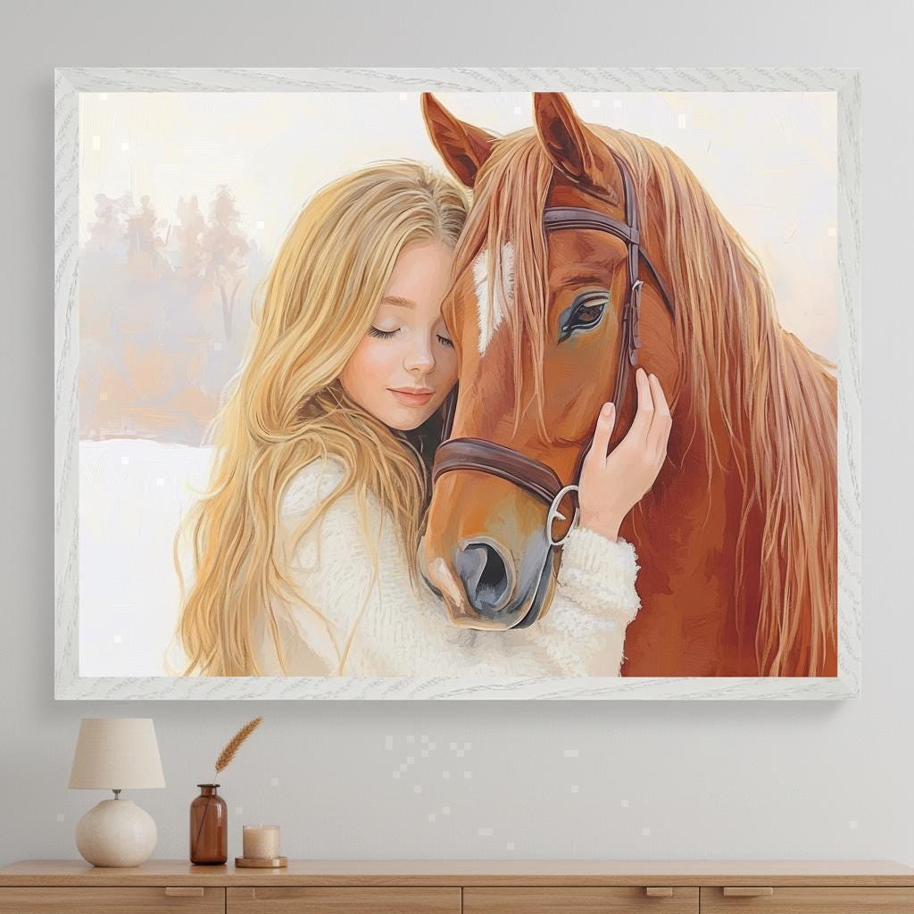 Girl and Horse Wall Art, Winter Nursery Decor, Equestrian Print