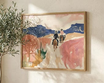 Western Cowboy Wall Art, Desert Landscape Print, Southwestern Decor, Horse Rider Illustration, Abstract Boho Poster, Ranch House Decor