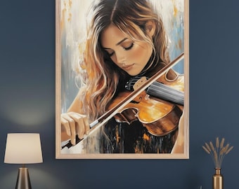 Woman Playing Violin Musical Theme Wall Art, Musician Portrait Canvas Print, Classical Music Room Decor, Violinist Gift Poster