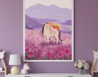 Girl and Unicorn Whimsical Fantasy Illustration Wall Art, enchanted meadow print, nursery wall decor, fairytale girl art, pink flower print