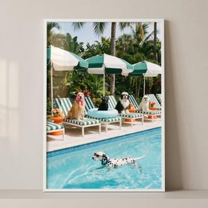 Summer Swimming Pool Dogs Wall Art, Retro Poolside Pet Decor, Funny Dogs Sunbathing Print, Dalmatian Swimming Poster, Tropical Pet Print