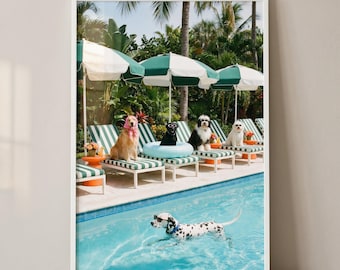 Summer Swimming Pool Dogs Wall Art, Retro Poolside Pet Decor, Funny Dogs Sunbathing Print, Dalmatian Swimming Poster, Tropical Pet Print