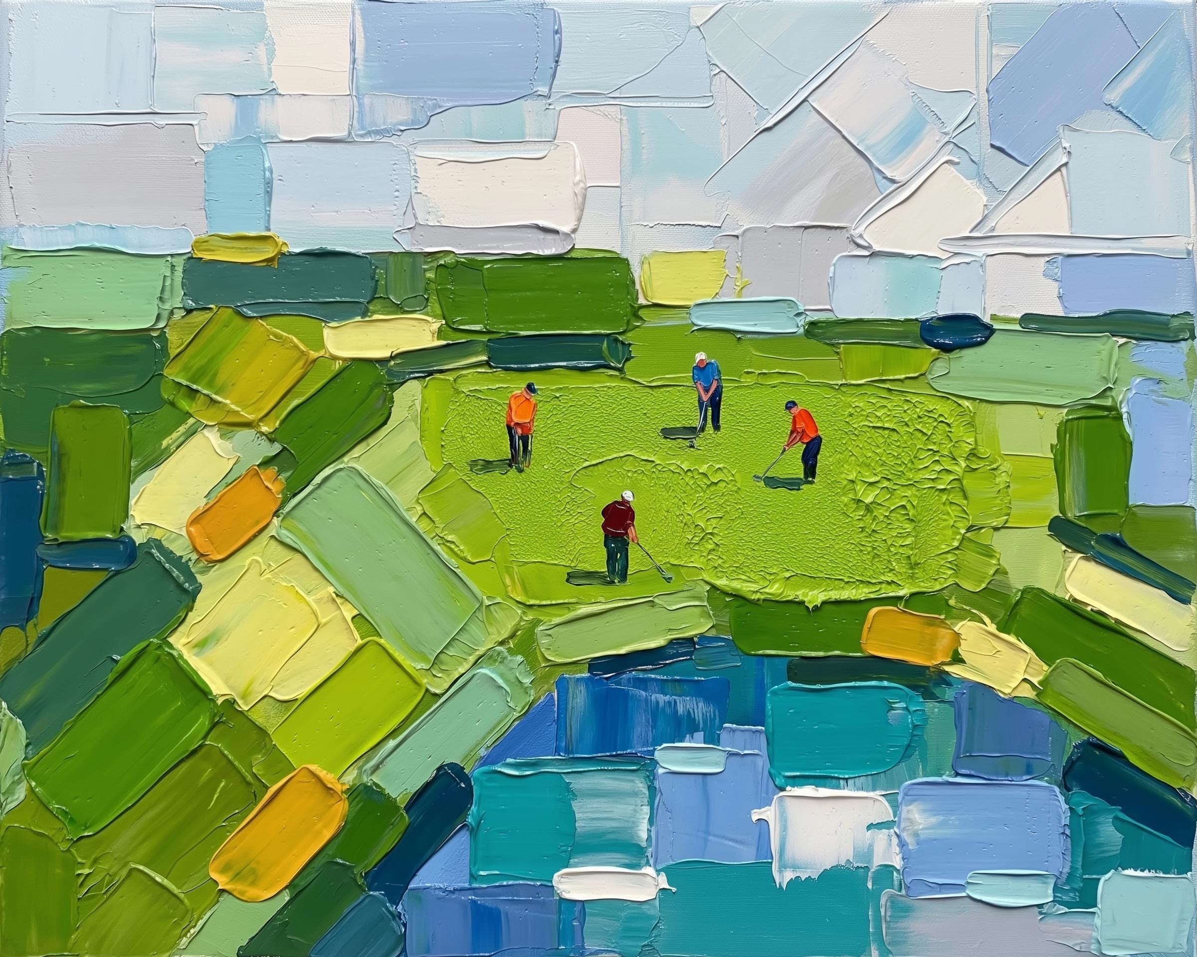 Golfers Impasto Textured Wall Art, Abstract Golf Course Art