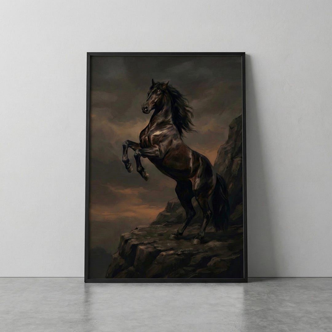 Black Horse Wall Art, Rearing Stallion Print, Dark Equestrian Decor ...