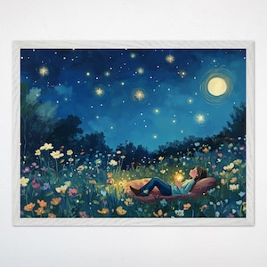 Arte de pared con cielo nocturno de flores silvestres mágicas, lienzo floral celestial de ensueño, decoración caprichosa para habitaciones infantiles y de bebés.