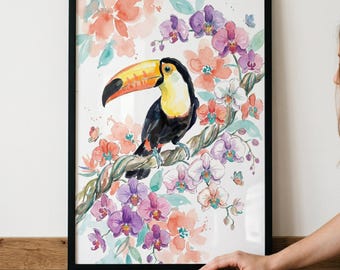 Tropical Orchid Branch Toucan Wall Art, watercolor jungle decor, exotic floral illustration, rainforest bird print, nursery animal art