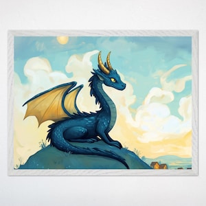 Dragon Wall Art - Whimsical Dragon on Hill Canvas Decor, Fantasy Clouds Art for Kids Room or Nursery, Gender-Neutral Gift, Dreamland Friends
