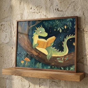 Dragon Nursery Art, Reading Book Print, Whimsical Nursery Decor, Enchanted Forest Illustration, Fairytale Storybook Poster image 1