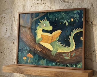 Dragon Nursery Art, Reading Book Print, Whimsical Nursery Decor, Enchanted Forest Illustration, Fairytale Storybook Poster