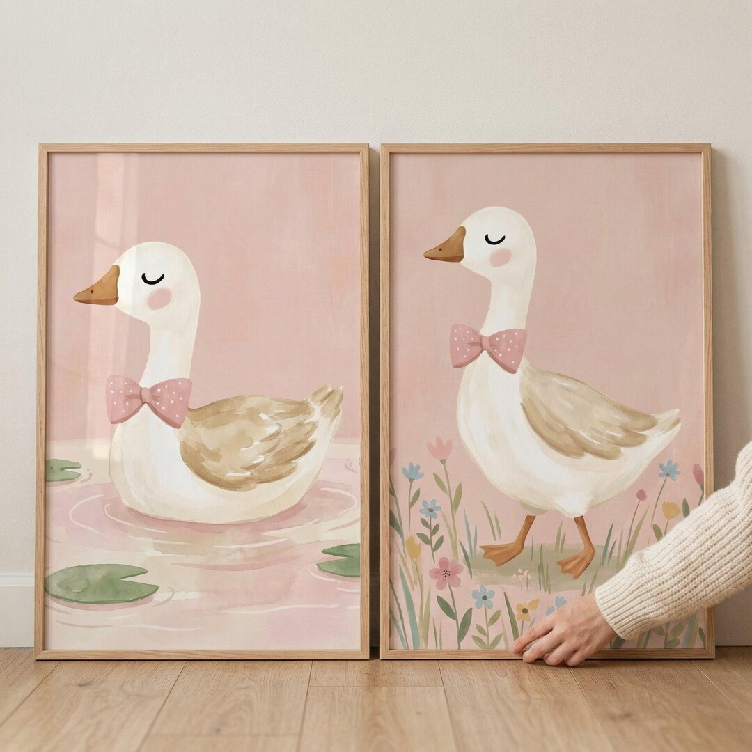 Watercolor Pink Bow Goose Wall Art Set of 2, Baby Girl Nursery Decor ...