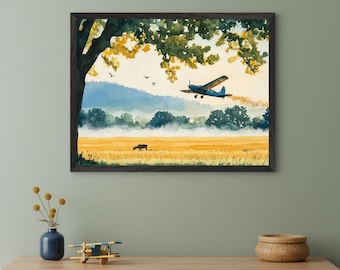 Vintage Airplane Blue Watercolor Wall Art, Aviation Nursery Decor, Rustic Landscape Print, Moose In Meadow Illustration, Wilderness Art