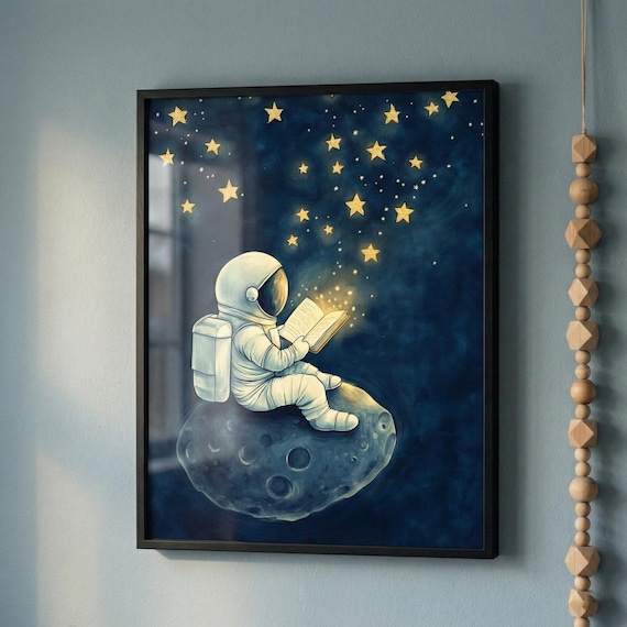 Space Nursery Framed Wall Art, Astronaut Reading, Starry NightKids