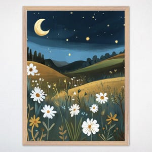 Mond und Blumen Wandkunst - Sternennacht Hillside Poster oder Leinwand, Gelassenes Midnight Dekor für Kinderzimmer oder Kinderzimmer, Heartland Harmony