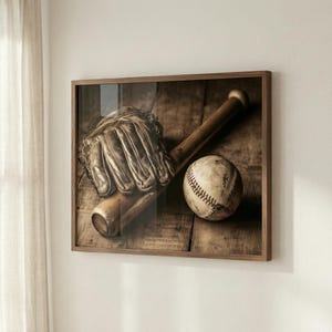 Baseball Wall Art, Glove Weathered Leather, Vintage Sports Photography Print, Rustic Baseball Decor, Antique Bat and Ball, Sepia Sports Art