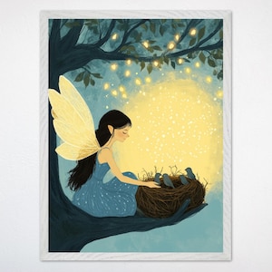 Fairy and Birds Nursery Print: Whimsical Woodland Canvas Art