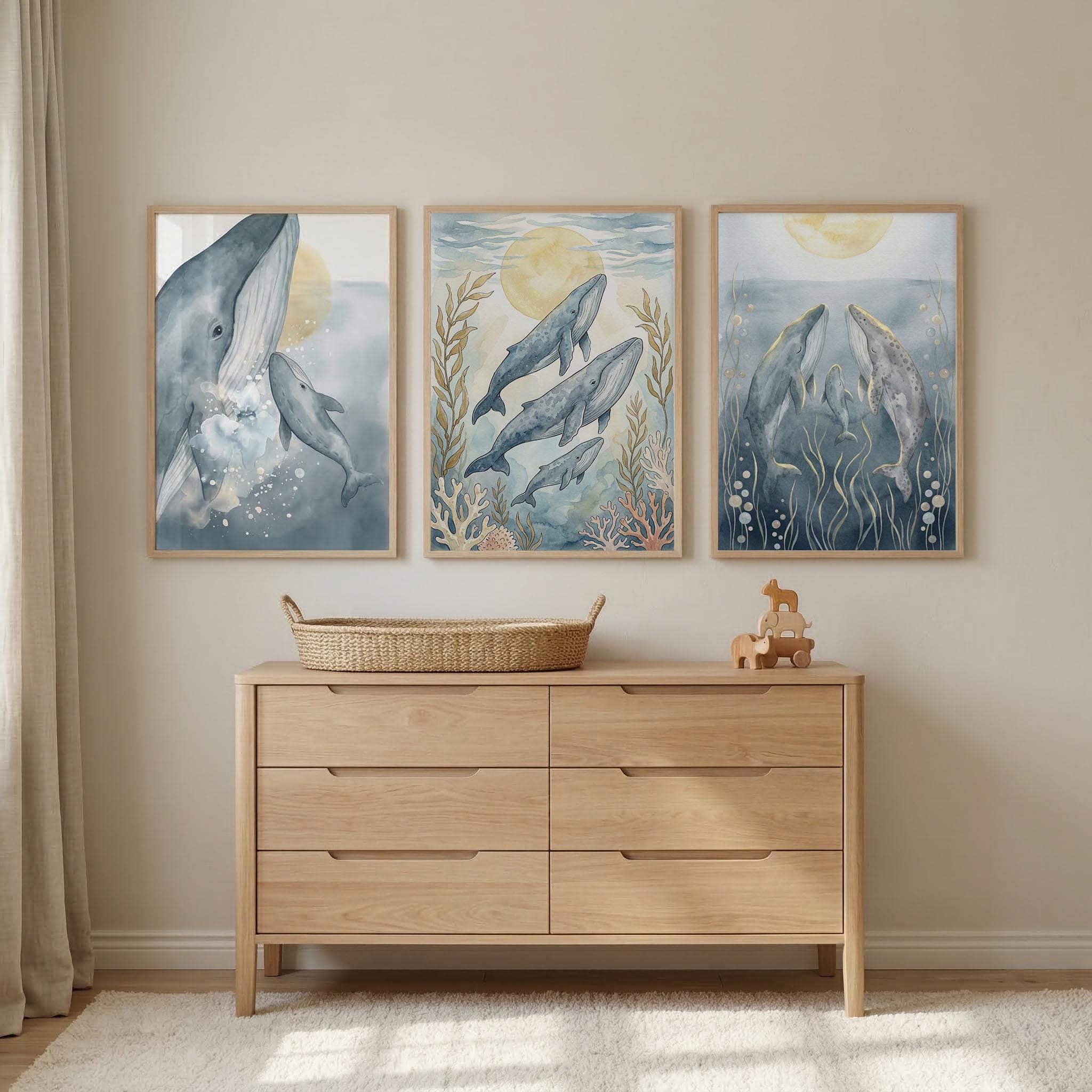 Humpback Whale Artwork Set of 3, Ocean Nursery Decor, Nautical Wall Art ...