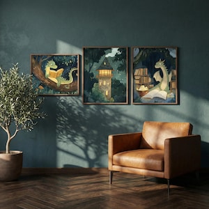 Nursery Wall Art, Reading Dragon, Whimsical Forest Decor, Magical Library Illustration, Storybook Dragon Prints, Set of 3 image 6