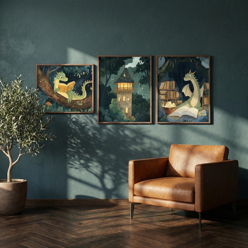 Nursery Wall Art, Reading Dragon, Whimsical Forest Decor, Magical Library Illustration, Storybook Dragon Prints, Set of 3 image 6
