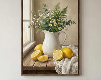 Rustic Lemons Wall Art, Daisy Eucalyptus Pitcher Print, Farmhouse Kitchen Decor, Cottagecore Still Life Art, Lemon Fruit Botanical Poster