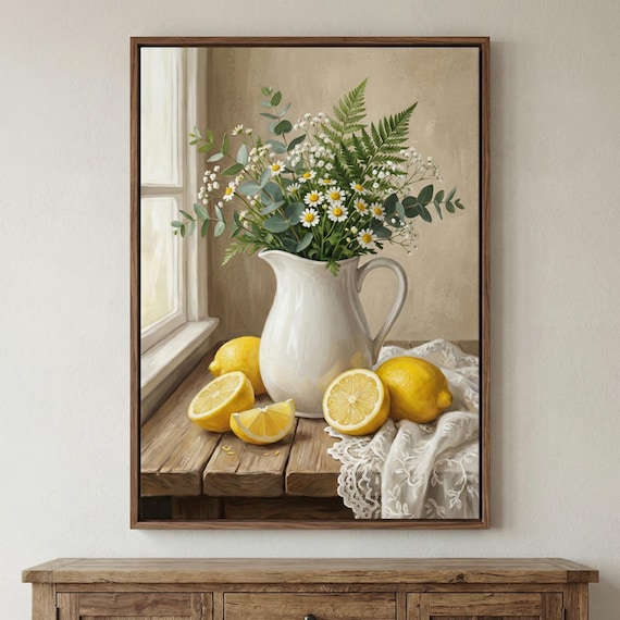 Rustic Lemons Wall Art, Daisy Eucalyptus Pitcher Print, Farmhouse Kitchen Decor, Cottagecore Still Life Art, Lemon Fruit Botanical Poster