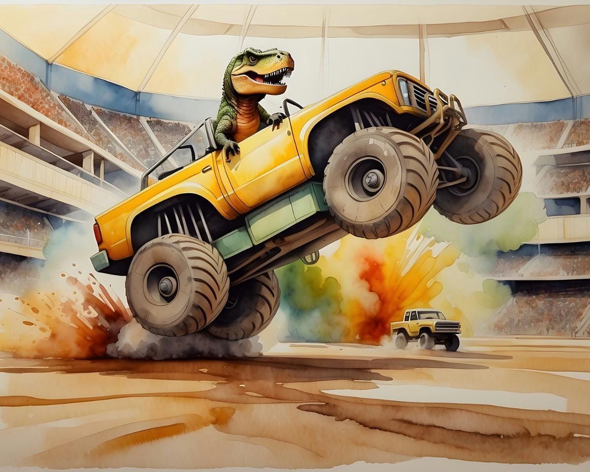DINO BATTERピクチャーフレーム Dinosaur Monster Truck Watercolor Style Wall Art, Boys Room Decor