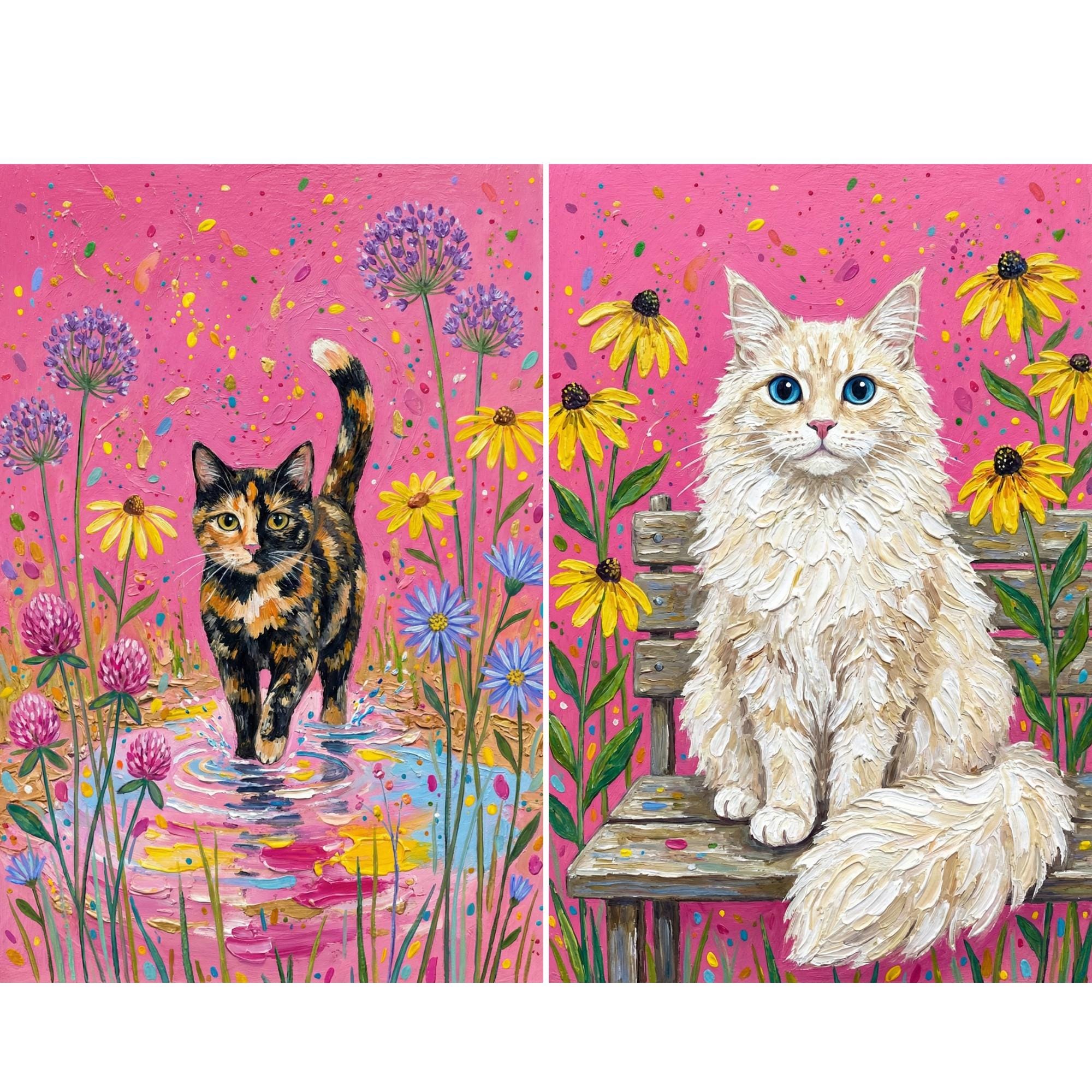 Whimsical Cat Wall Art Set of 2, Tortoiseshell and Fluffy Cat Art ...