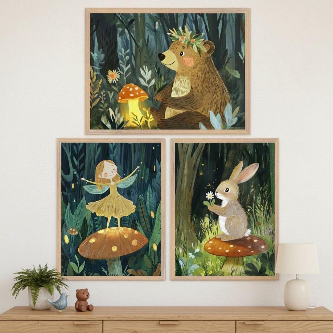 Woodland Playroom Wall Art - Set of 3, Enchanted Forest Nursery Decor ...