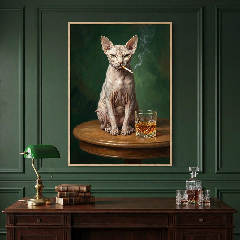 A framed piece of art hanging on a dark green paneled wall depicts a hairless Sphynx cat sitting on a round wooden table. The cat has a serious expression and a lit cigarette in its mouth with smoke curling upward. Next to the cat is a glass filled w