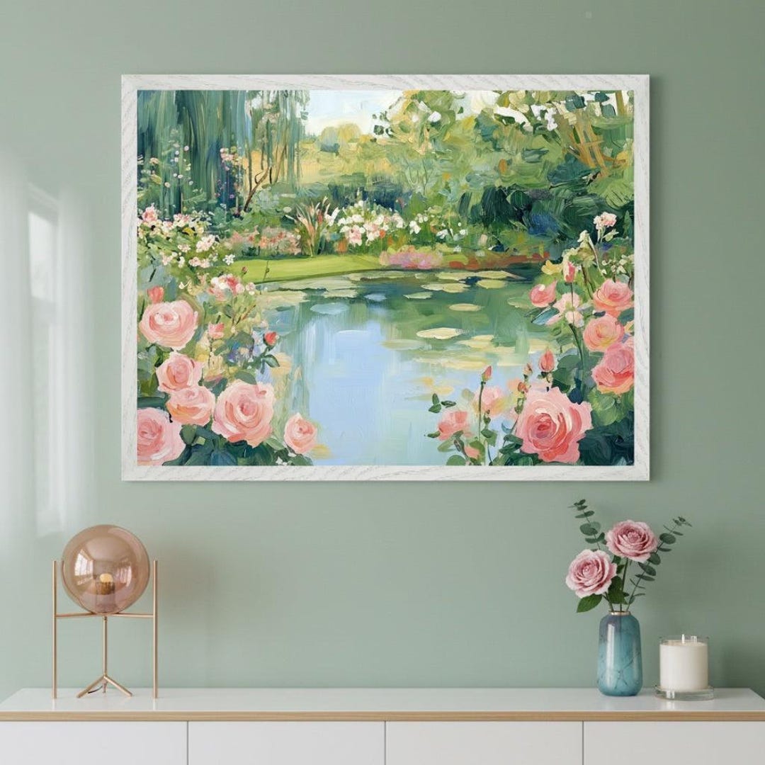 Water Lily Pond Impressionist Style Wall Art, Pink Rose Garden Floral ...