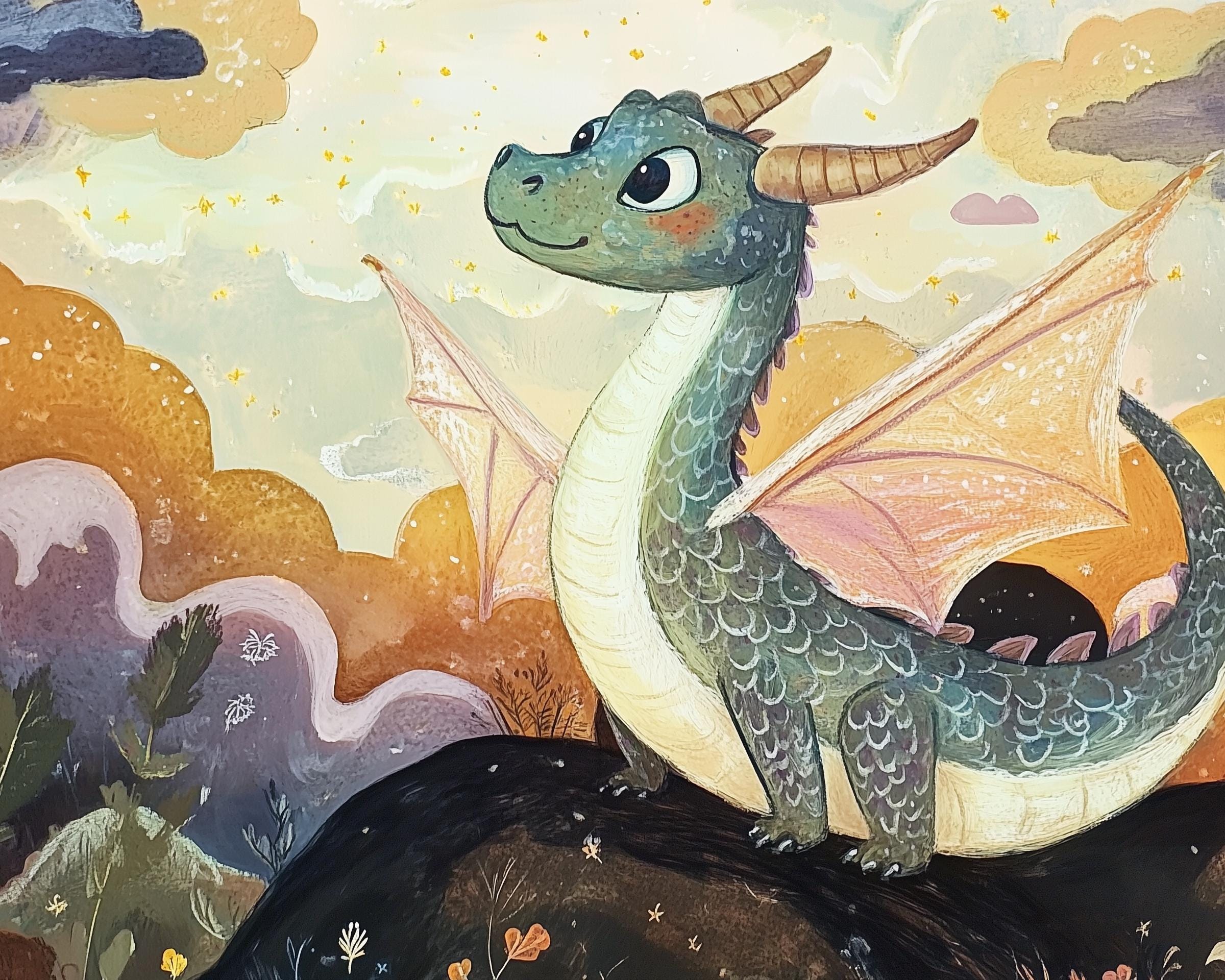 Dragon Wall Art Whimsical Nursery Decor, Cute Green Dragon